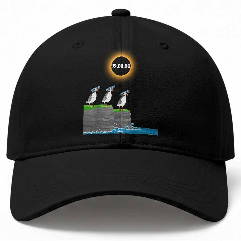 Cute Cartoon Puffins 2026 Total Solar Eclipse Baseball Cap August 12 Totality Funny Astronomy Gift TS02 Print Your Wear
