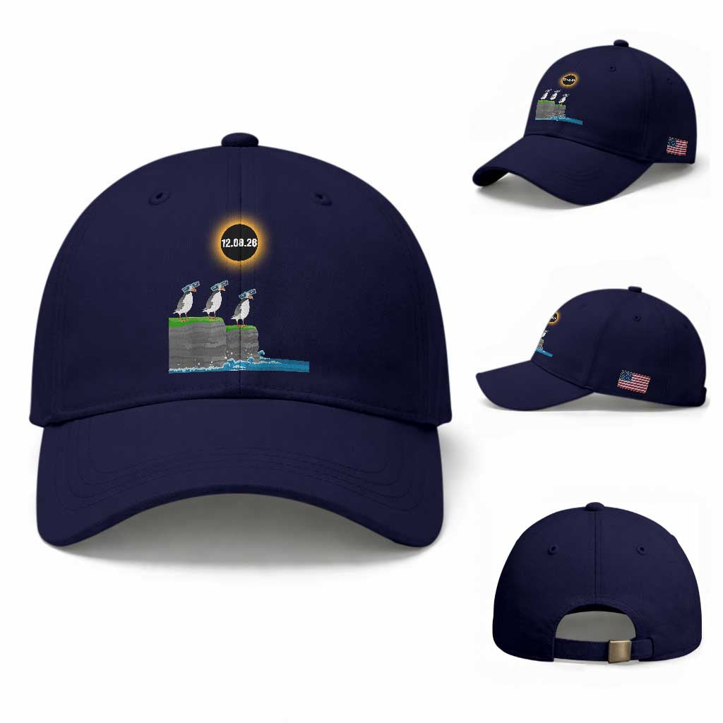 Cute Cartoon Puffins 2026 Total Solar Eclipse Baseball Cap August 12 Totality Funny Astronomy Gift TS02 Baseball Cap Universal Fit Dark Blue Print Your Wear
