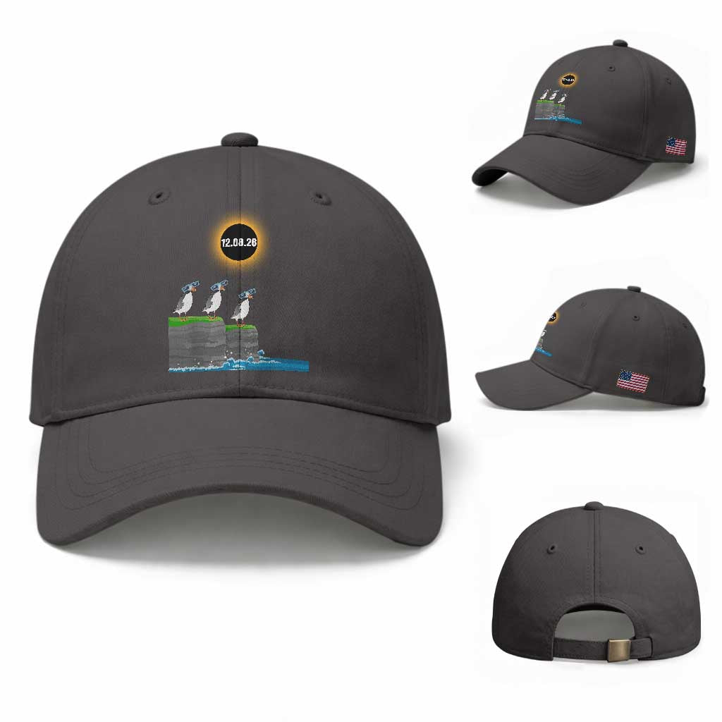 Cute Cartoon Puffins 2026 Total Solar Eclipse Baseball Cap August 12 Totality Funny Astronomy Gift TS02 Baseball Cap Universal Fit Dark Gray Print Your Wear