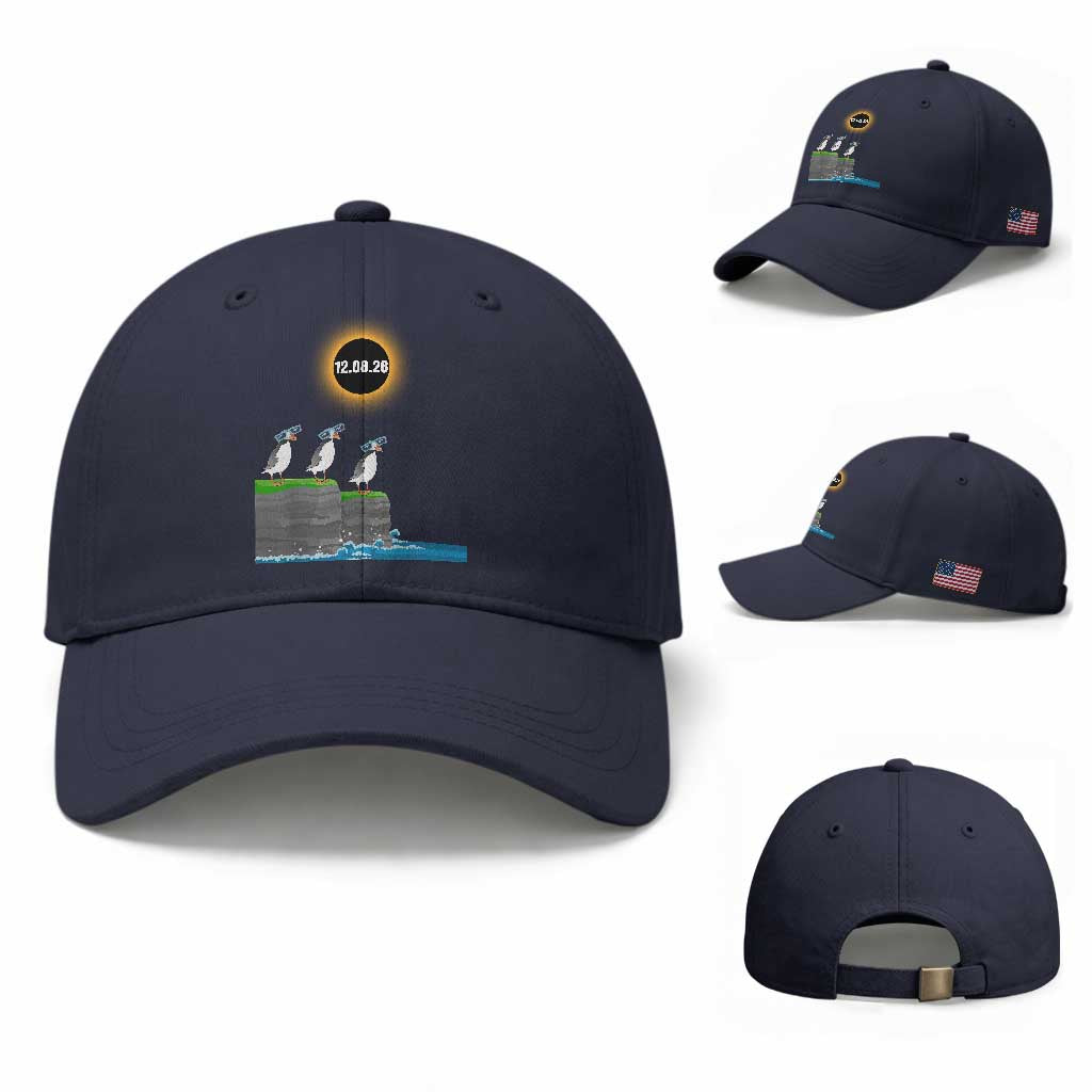 Cute Cartoon Puffins 2026 Total Solar Eclipse Baseball Cap August 12 Totality Funny Astronomy Gift TS02 Baseball Cap Universal Fit Navy Print Your Wear
