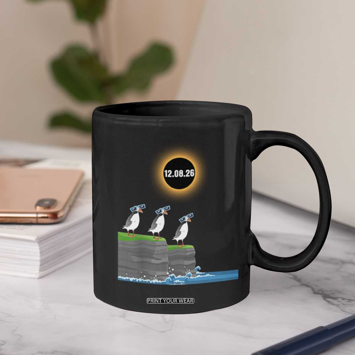 Cute Cartoon Puffins 2026 Total Solar Eclipse Coffee Mug August 12 Totality Funny Astronomy Gift TS02 Print Your Wear