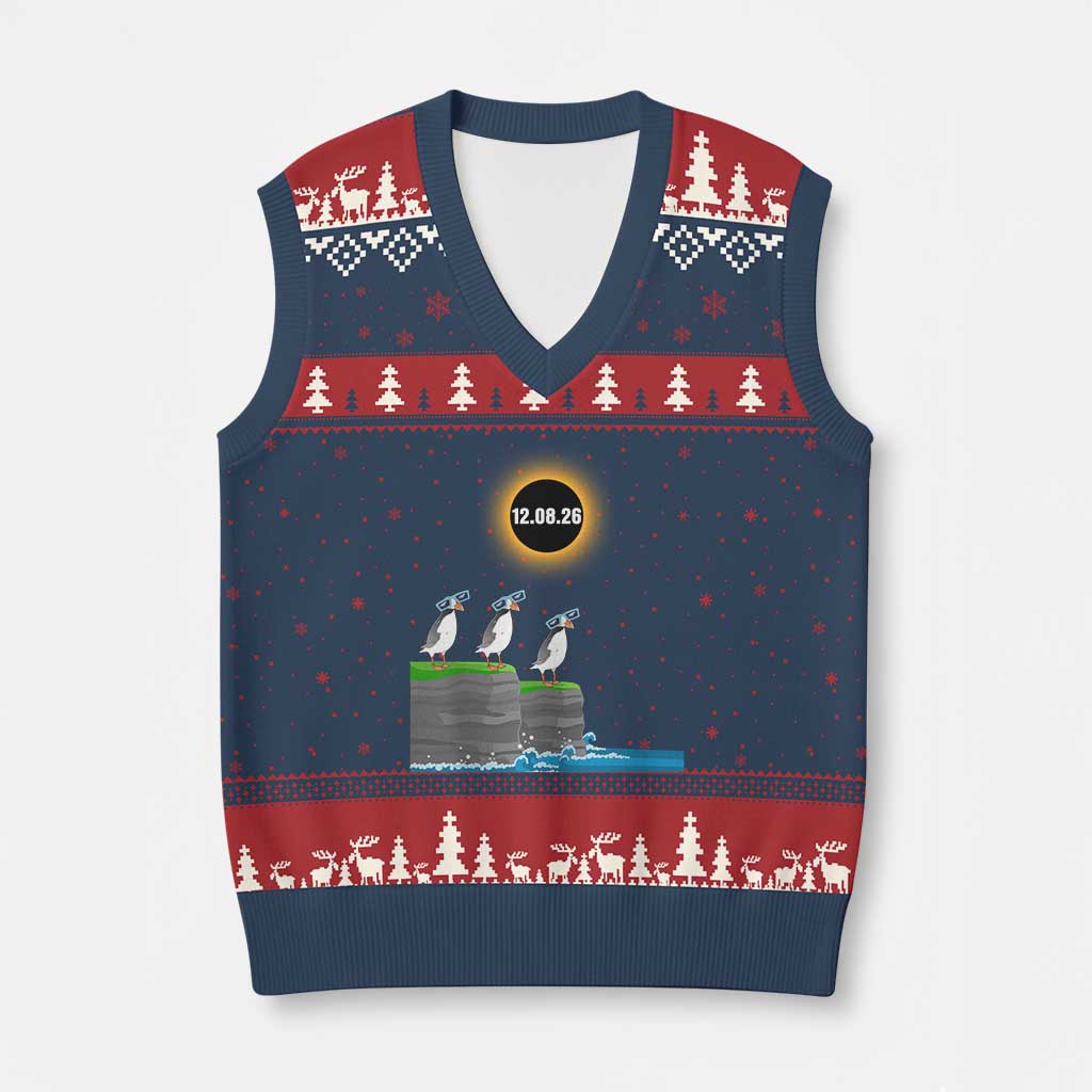 Cute Cartoon Puffins 2026 Total Solar Eclipse V-Neck Knit Sweater Vest August 12 Totality Funny Astronomy Gift TS02 Navy Red Print Your Wear