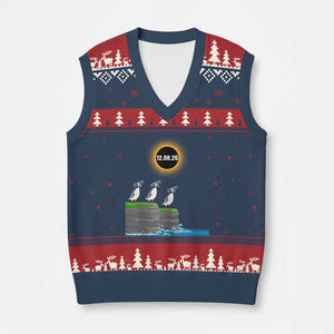 Cute Cartoon Puffins 2026 Total Solar Eclipse V-Neck Knit Sweater Vest August 12 Totality Funny Astronomy Gift TS02 Navy Red Print Your Wear