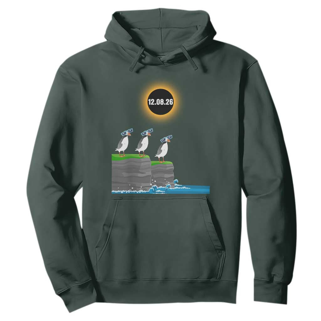 Cute Cartoon Puffins 2026 Total Solar Eclipse Hoodie August 12 Totality Funny Astronomy Gift TS02 Dark Forest Green Print Your Wear
