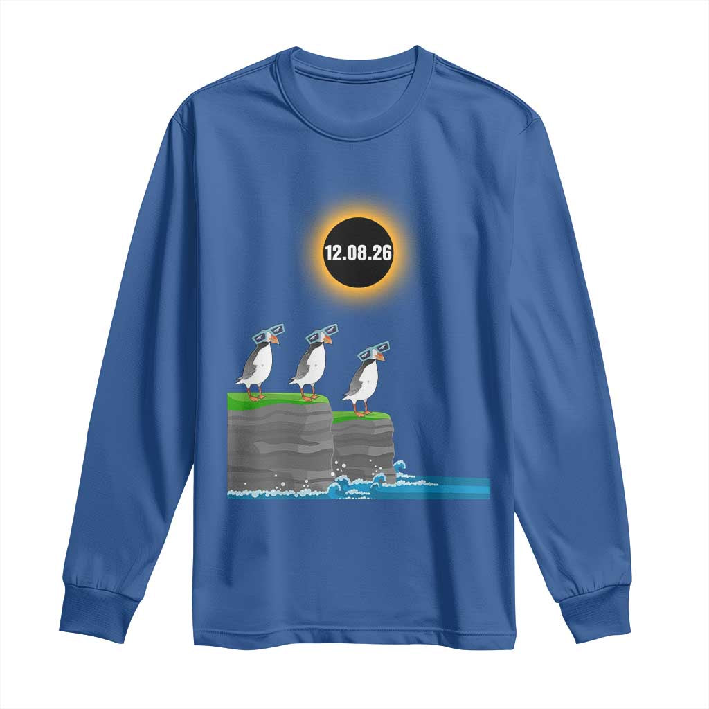 Cute Cartoon Puffins 2026 Total Solar Eclipse Long Sleeve Shirt August 12 Totality Funny Astronomy Gift TS02 Royal Blue Print Your Wear