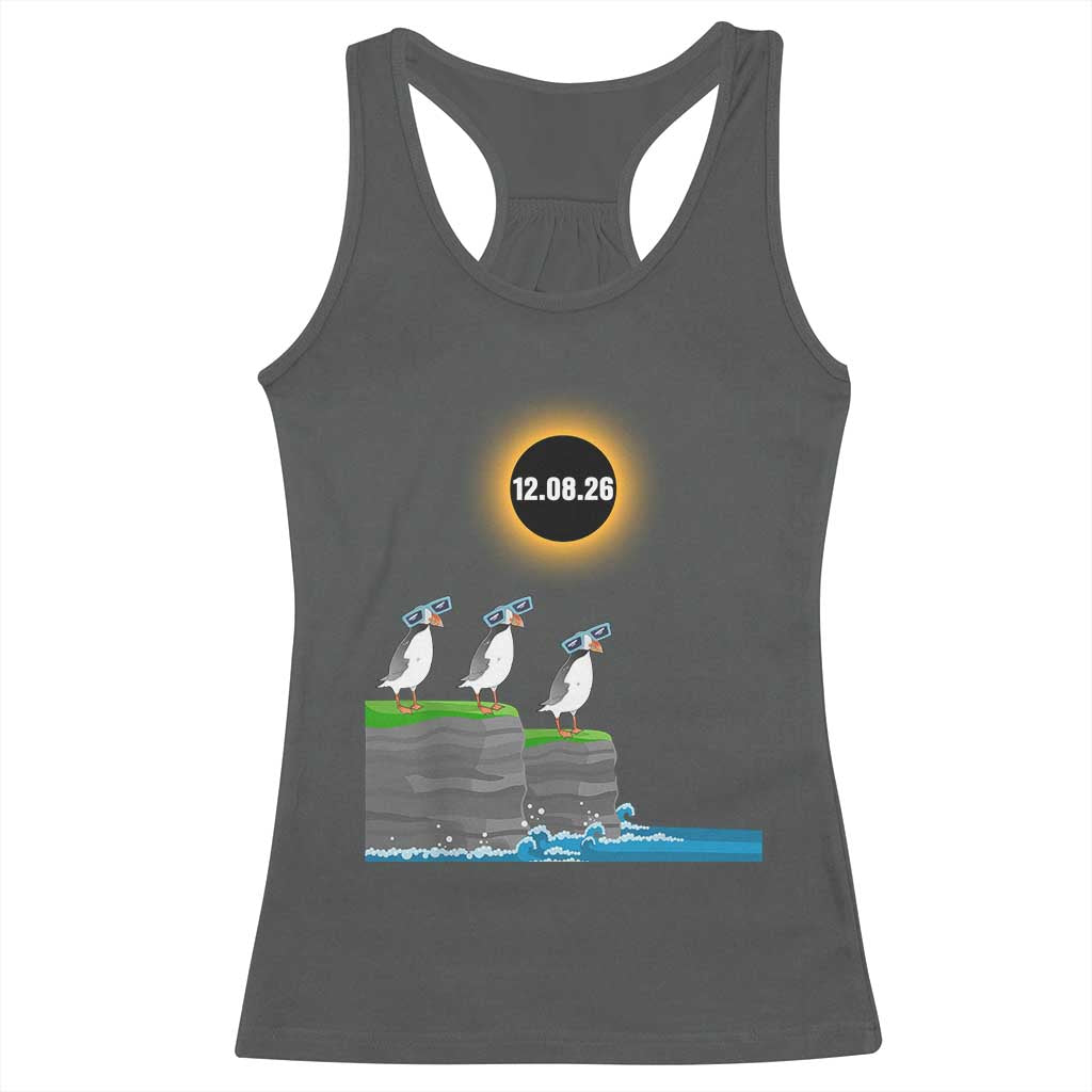 Cute Cartoon Puffins 2026 Total Solar Eclipse Racerback Tank Top August 12 Totality Funny Astronomy Gift TS02 Dark Heather Print Your Wear