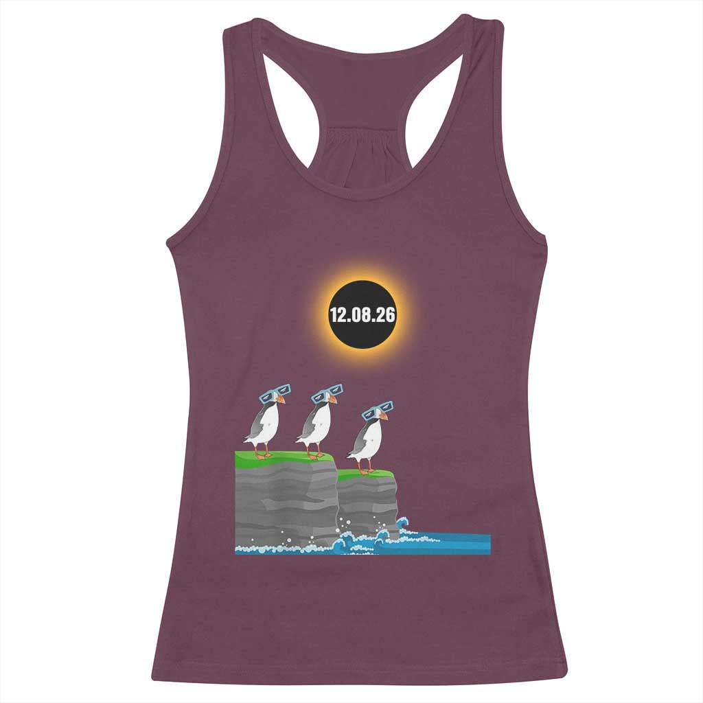 Cute Cartoon Puffins 2026 Total Solar Eclipse Racerback Tank Top August 12 Totality Funny Astronomy Gift TS02 Maroon Print Your Wear