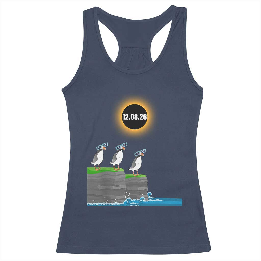 Cute Cartoon Puffins 2026 Total Solar Eclipse Racerback Tank Top August 12 Totality Funny Astronomy Gift TS02 Navy Print Your Wear