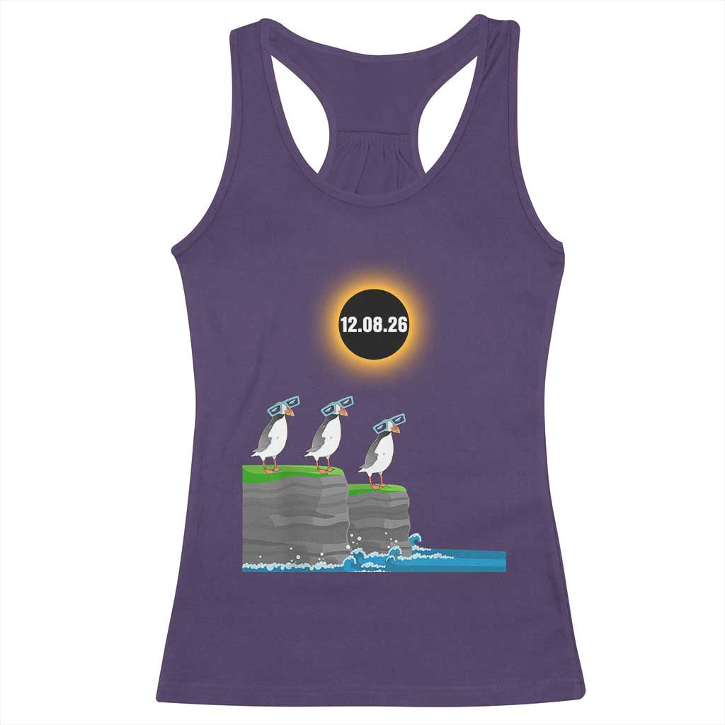Cute Cartoon Puffins 2026 Total Solar Eclipse Racerback Tank Top August 12 Totality Funny Astronomy Gift TS02 Purple Print Your Wear