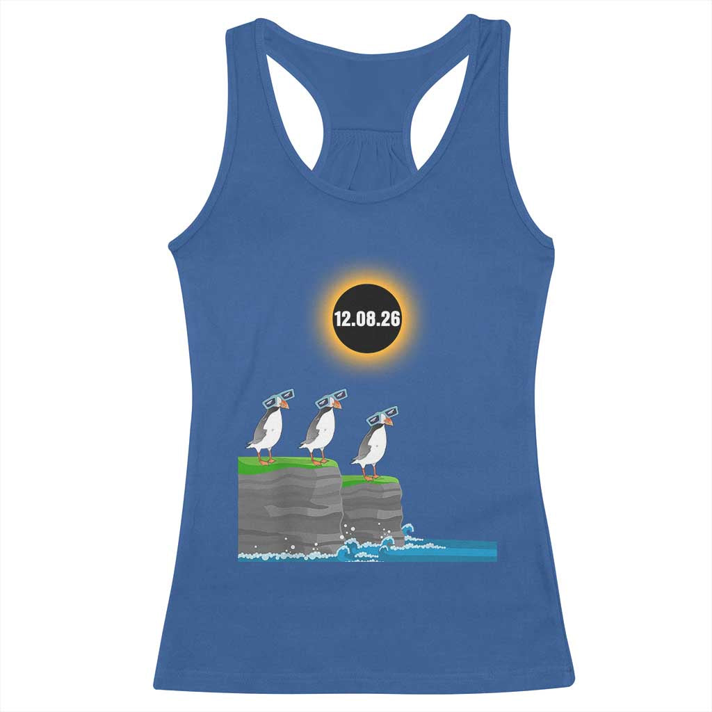 Cute Cartoon Puffins 2026 Total Solar Eclipse Racerback Tank Top August 12 Totality Funny Astronomy Gift TS02 Royal Blue Print Your Wear