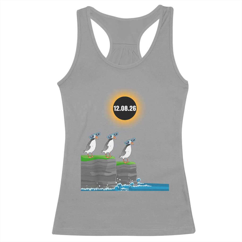 Cute Cartoon Puffins 2026 Total Solar Eclipse Racerback Tank Top August 12 Totality Funny Astronomy Gift TS02 Sport Gray Print Your Wear