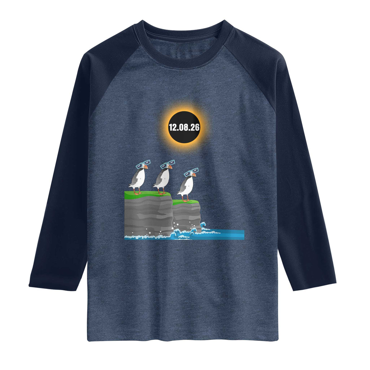 Cute Cartoon Puffins 2026 Total Solar Eclipse Raglan Shirt August 12 Totality Funny Astronomy Gift TS02 Heather Denim Navy Print Your Wear