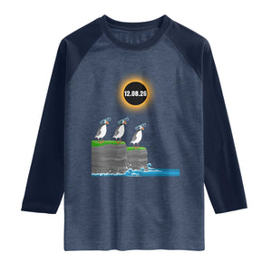 Cute Cartoon Puffins 2026 Total Solar Eclipse Raglan Shirt August 12 Totality Funny Astronomy Gift TS02 Heather Denim Navy Print Your Wear