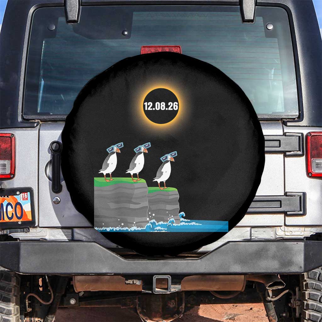 Cute Cartoon Puffins 2026 Total Solar Eclipse Spare Tire Cover August 12 Totality Funny Astronomy Gift TS02 No hole Black Print Your Wear