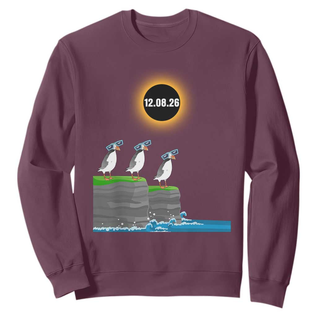 Cute Cartoon Puffins 2026 Total Solar Eclipse Sweatshirt August 12 Totality Funny Astronomy Gift TS02 Maroon Print Your Wear