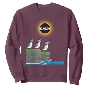 Cute Cartoon Puffins 2026 Total Solar Eclipse Sweatshirt August 12 Totality Funny Astronomy Gift TS02 Maroon Print Your Wear