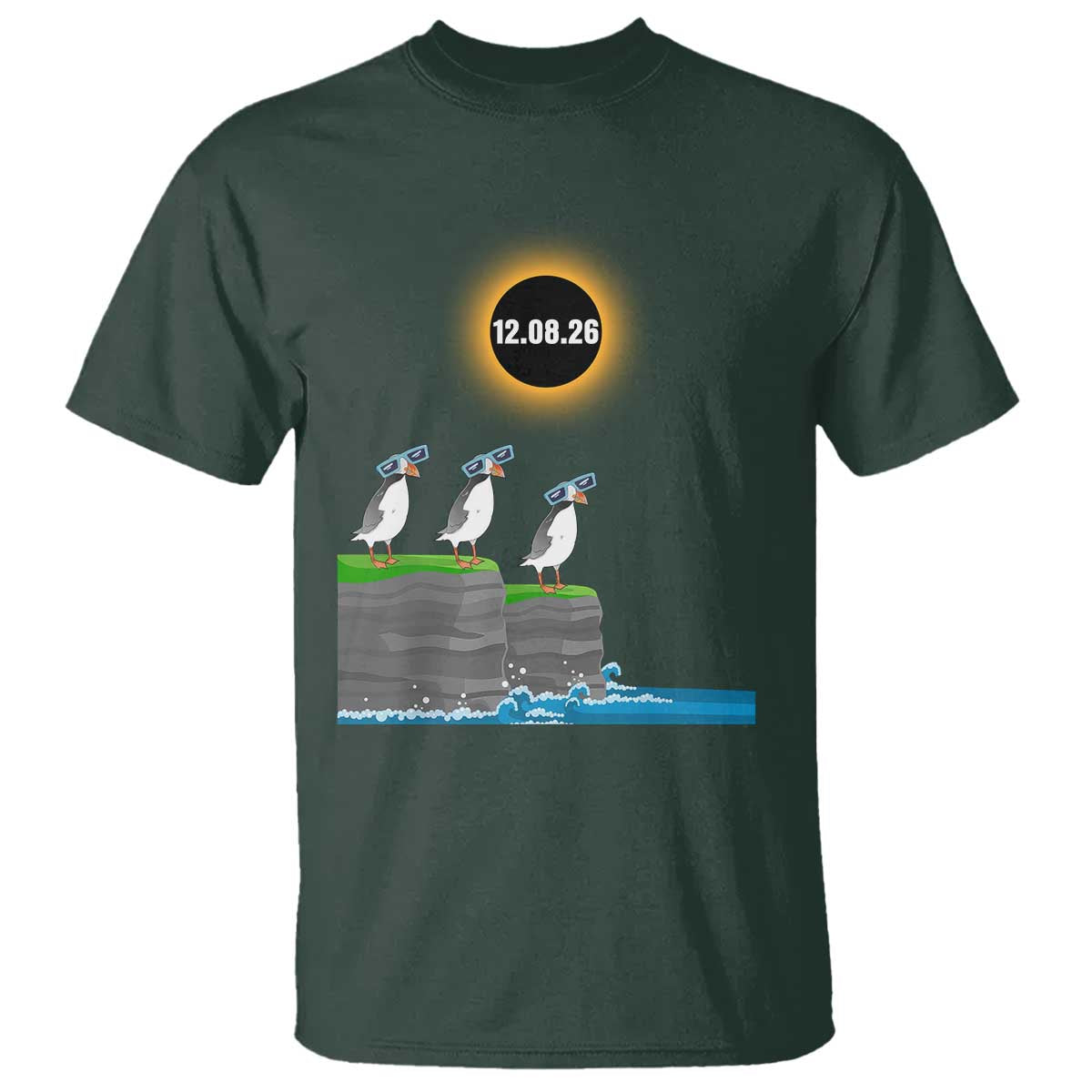 Cute Cartoon Puffins 2026 Total Solar Eclipse T Shirt August 12 Totality Funny Astronomy Gift TS02 Dark Forest Green Print Your Wear