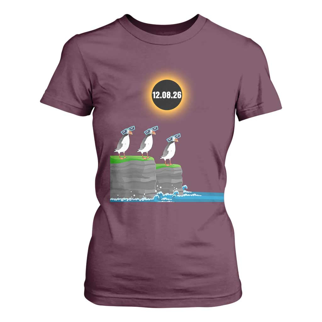 Cute Cartoon Puffins 2026 Total Solar Eclipse T Shirt For Women August 12 Totality Funny Astronomy Gift TS02 Maroon Print Your Wear