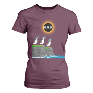 Cute Cartoon Puffins 2026 Total Solar Eclipse T Shirt For Women August 12 Totality Funny Astronomy Gift TS02 Maroon Print Your Wear