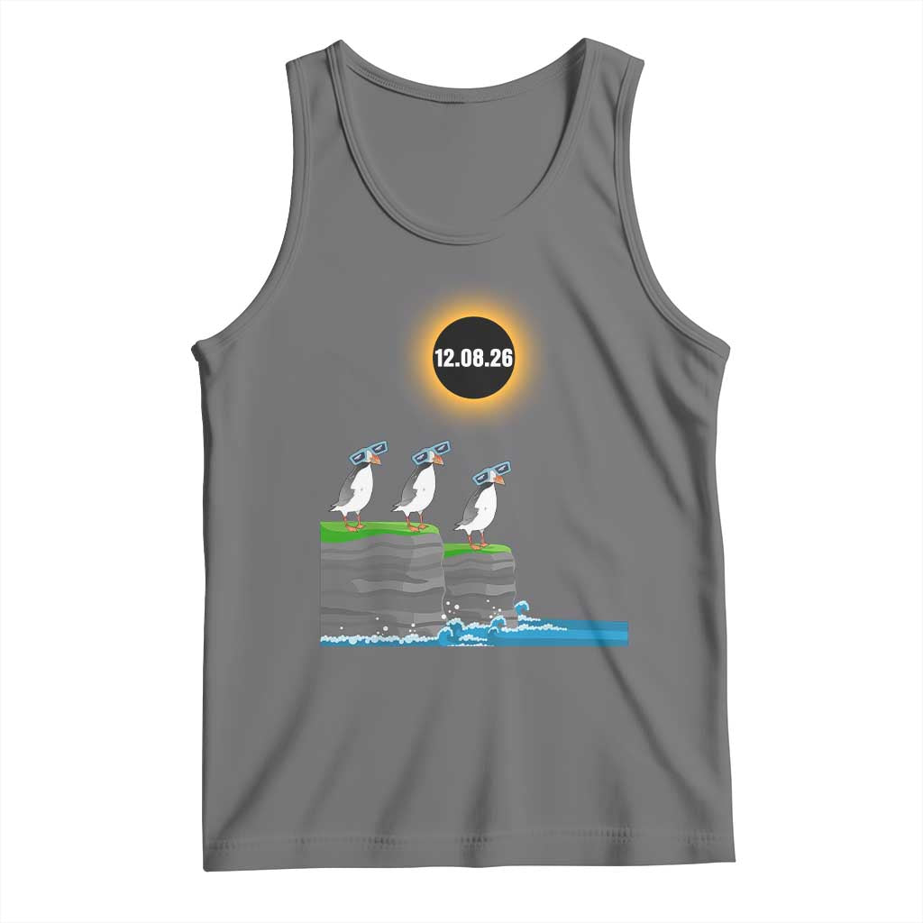 Cute Cartoon Puffins 2026 Total Solar Eclipse Tank Top August 12 Totality Funny Astronomy Gift TS02 Black Heather Print Your Wear