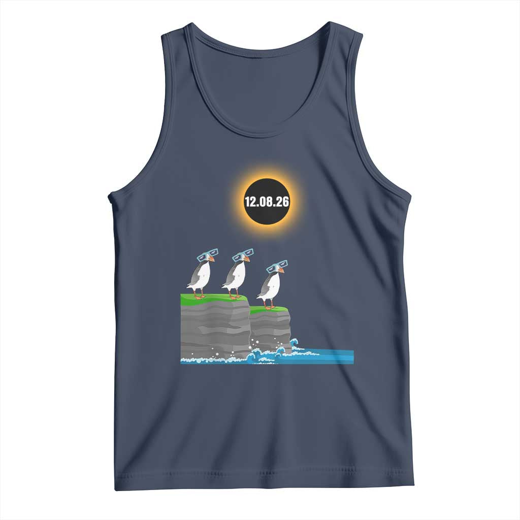 Cute Cartoon Puffins 2026 Total Solar Eclipse Tank Top August 12 Totality Funny Astronomy Gift TS02 Navy Print Your Wear