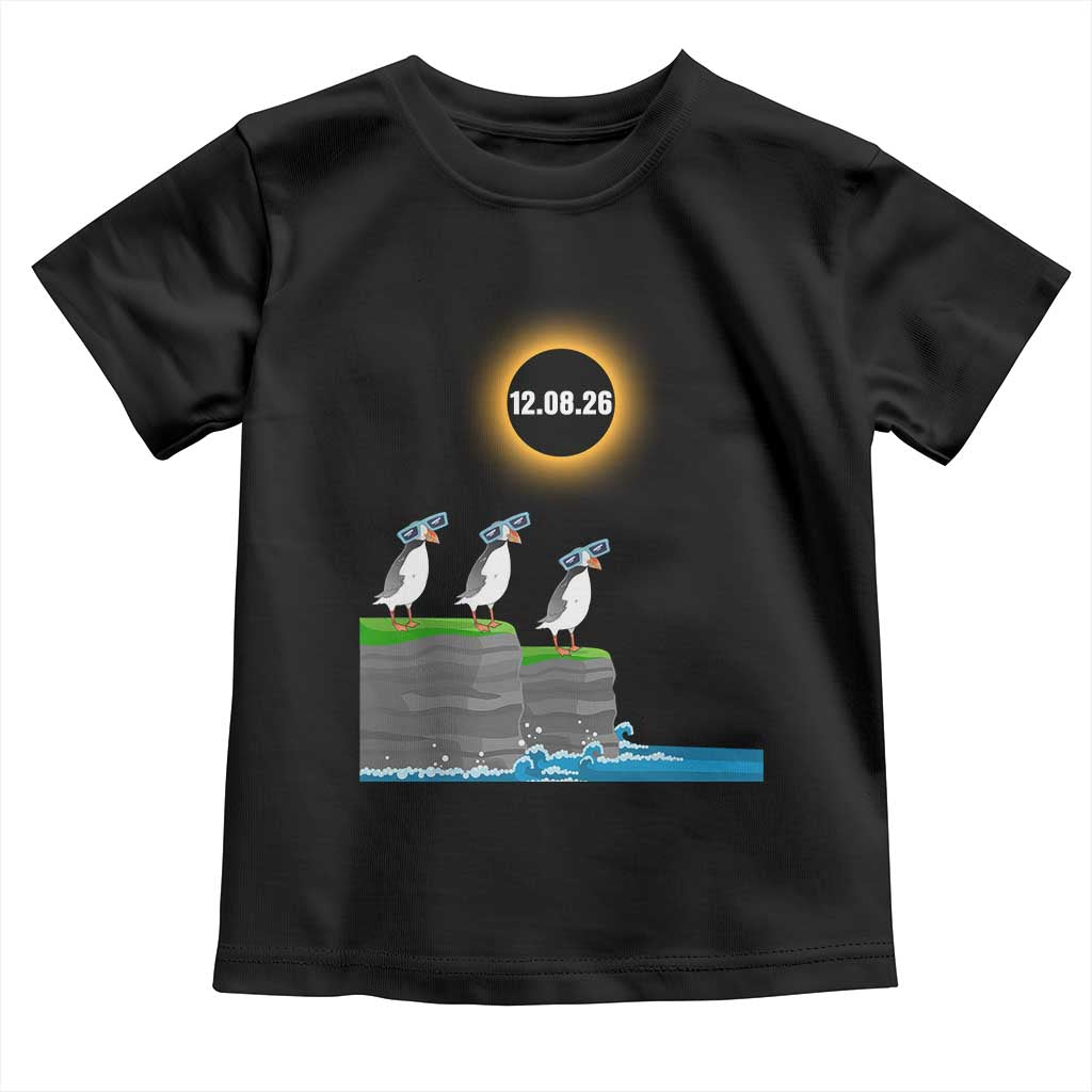 Cute Cartoon Puffins 2026 Total Solar Eclipse Toddler T Shirt August 12 Totality Funny Astronomy Gift TS02 Black Print Your Wear