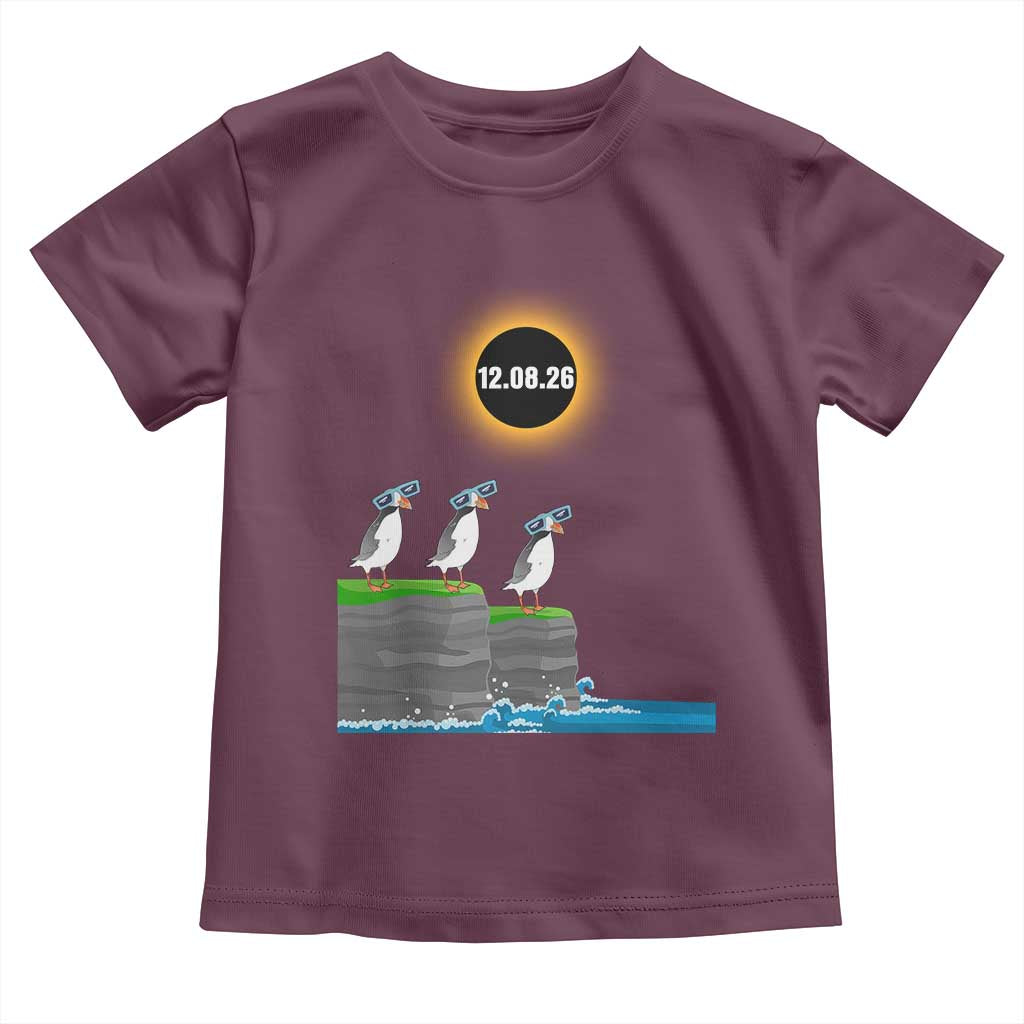 Cute Cartoon Puffins 2026 Total Solar Eclipse Toddler T Shirt August 12 Totality Funny Astronomy Gift TS02 Maroon Print Your Wear