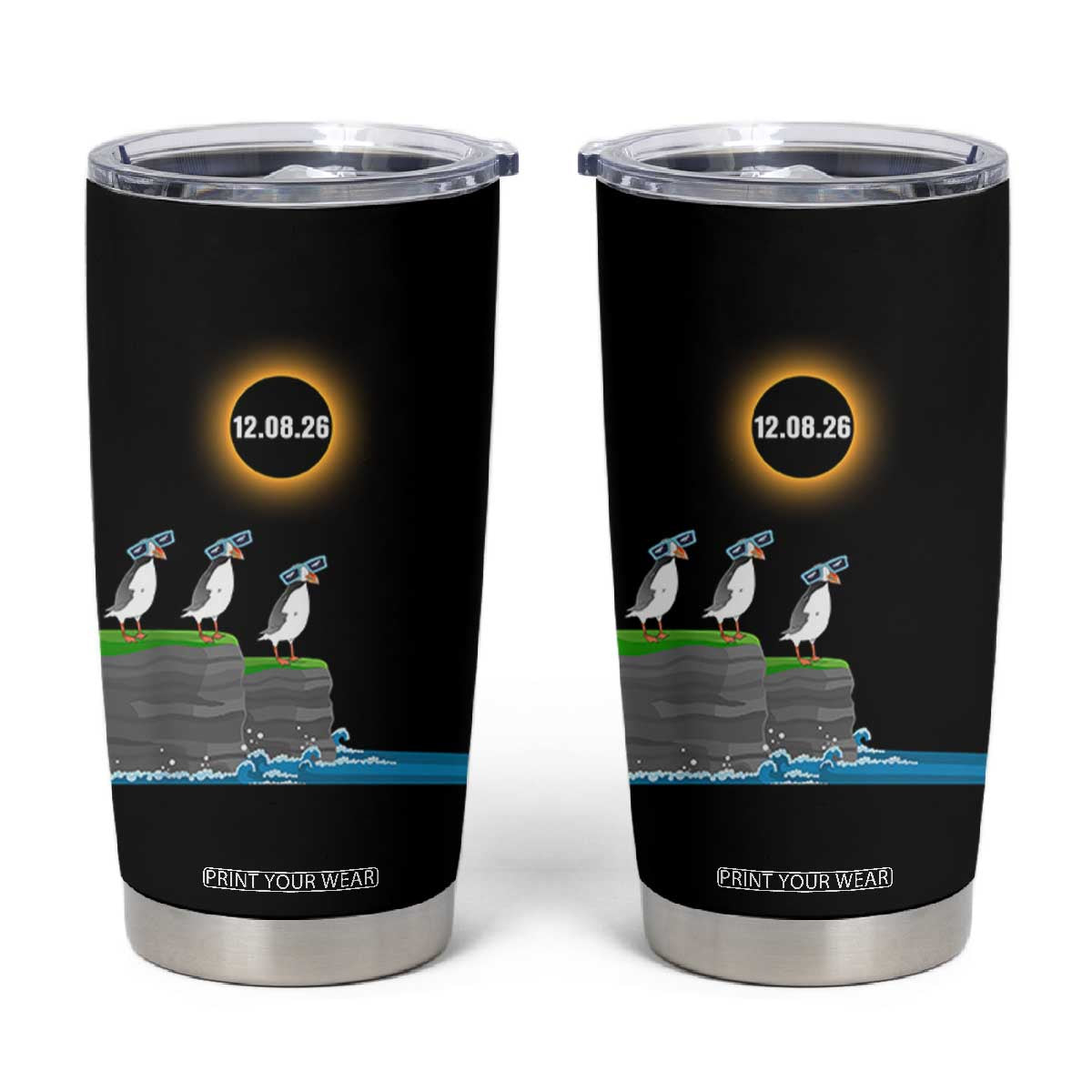 Cute Cartoon Puffins 2026 Total Solar Eclipse Tumbler Cup August 12 Totality Funny Astronomy Gift TS02 Black Print Your Wear
