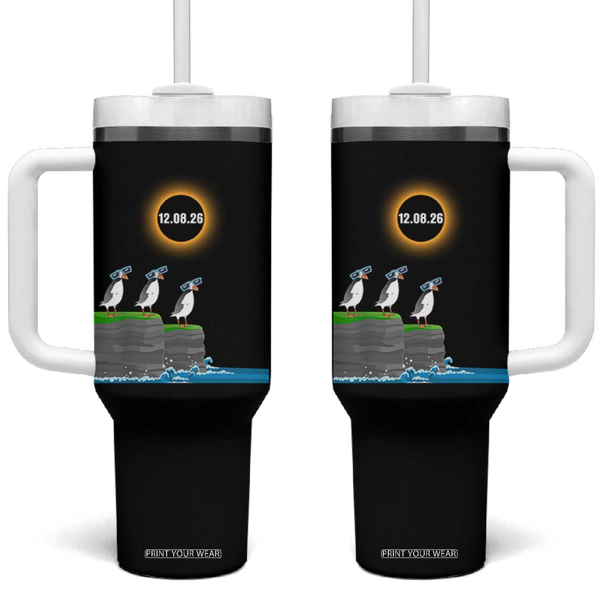 Cute Cartoon Puffins 2026 Total Solar Eclipse Tumbler With Handle August 12 Totality Funny Astronomy Gift TS02 One Size: 40 oz Black Print Your Wear
