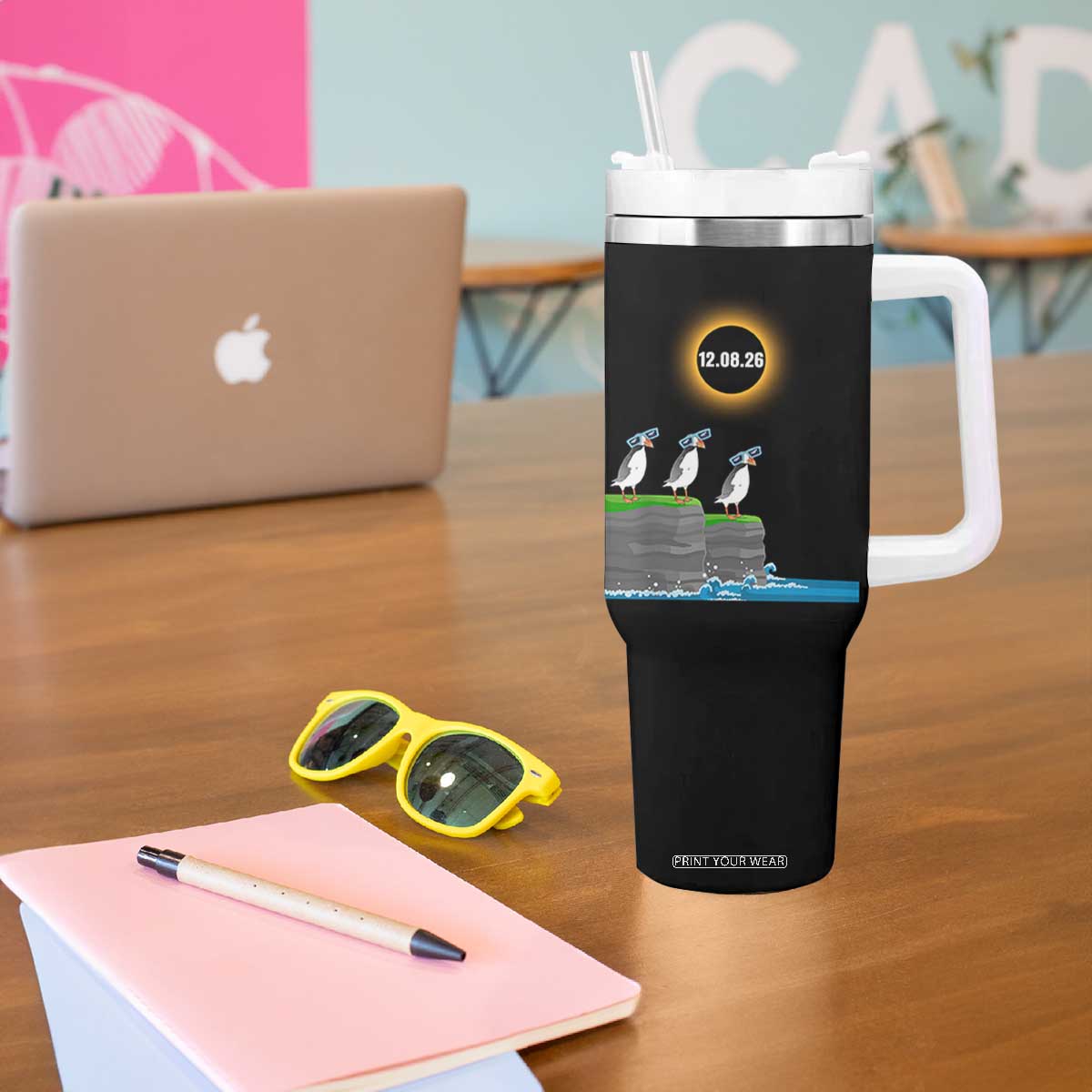 Cute Cartoon Puffins 2026 Total Solar Eclipse Tumbler With Handle August 12 Totality Funny Astronomy Gift TS02 Print Your Wear