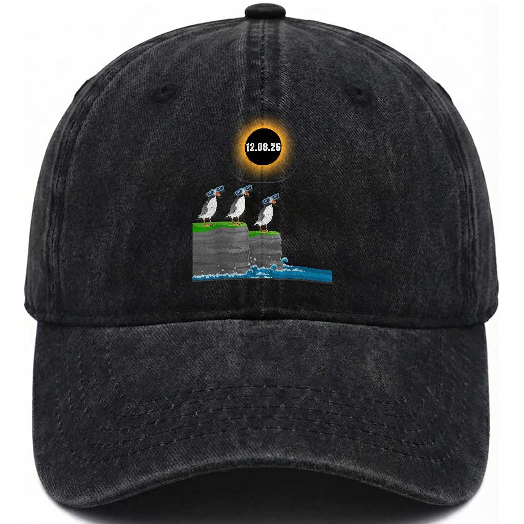 Cute Cartoon Puffins 2026 Total Solar Eclipse Washed Cotton Baseball Cap August 12 Totality Funny Astronomy Gift TS02 Print Your Wear