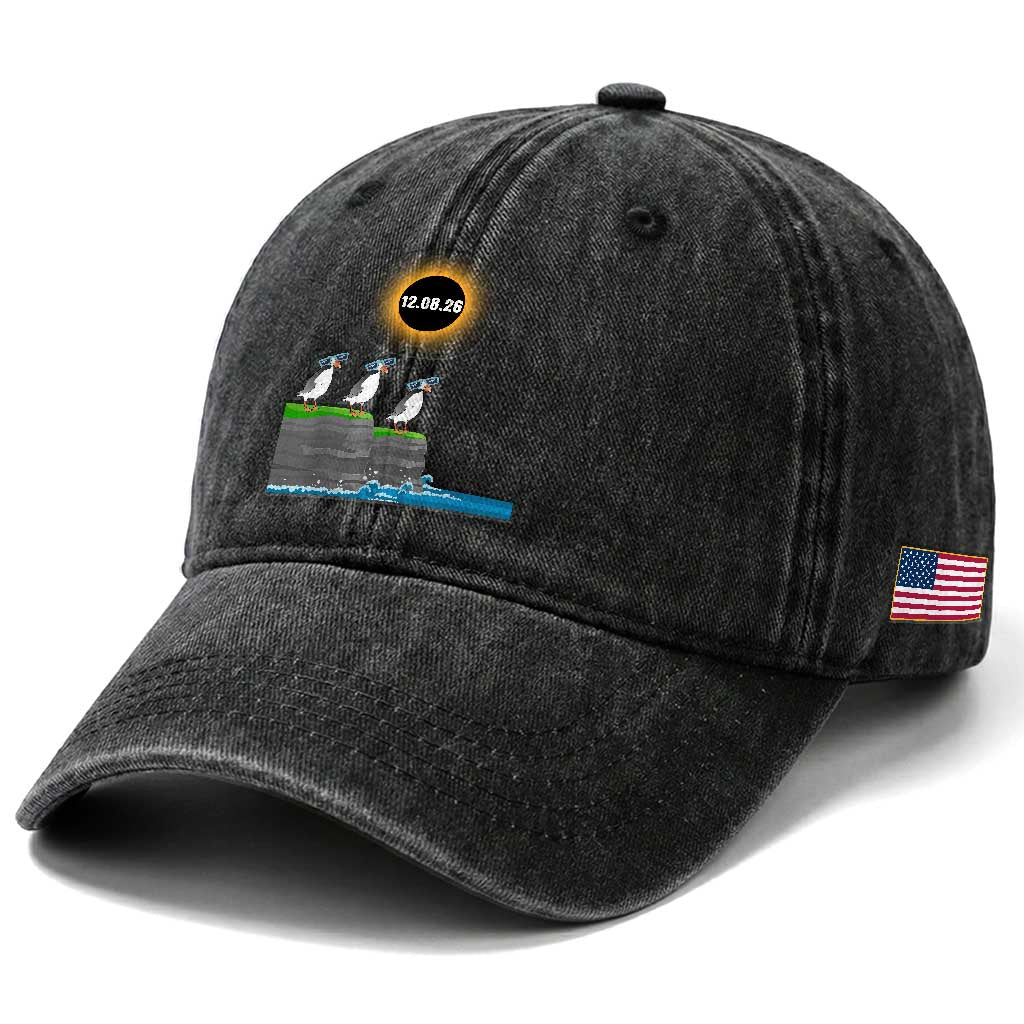 Cute Cartoon Puffins 2026 Total Solar Eclipse Washed Cotton Baseball Cap August 12 Totality Funny Astronomy Gift TS02 Print Your Wear