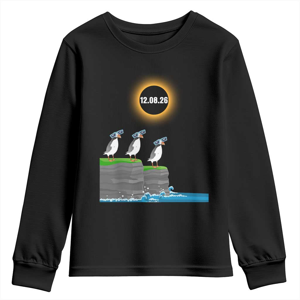Cute Cartoon Puffins 2026 Total Solar Eclipse Youth Sweatshirt August 12 Totality Funny Astronomy Gift TS02 Black Print Your Wear
