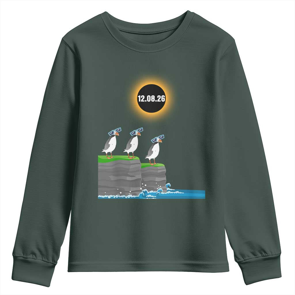 Cute Cartoon Puffins 2026 Total Solar Eclipse Youth Sweatshirt August 12 Totality Funny Astronomy Gift TS02 Dark Forest Green Print Your Wear