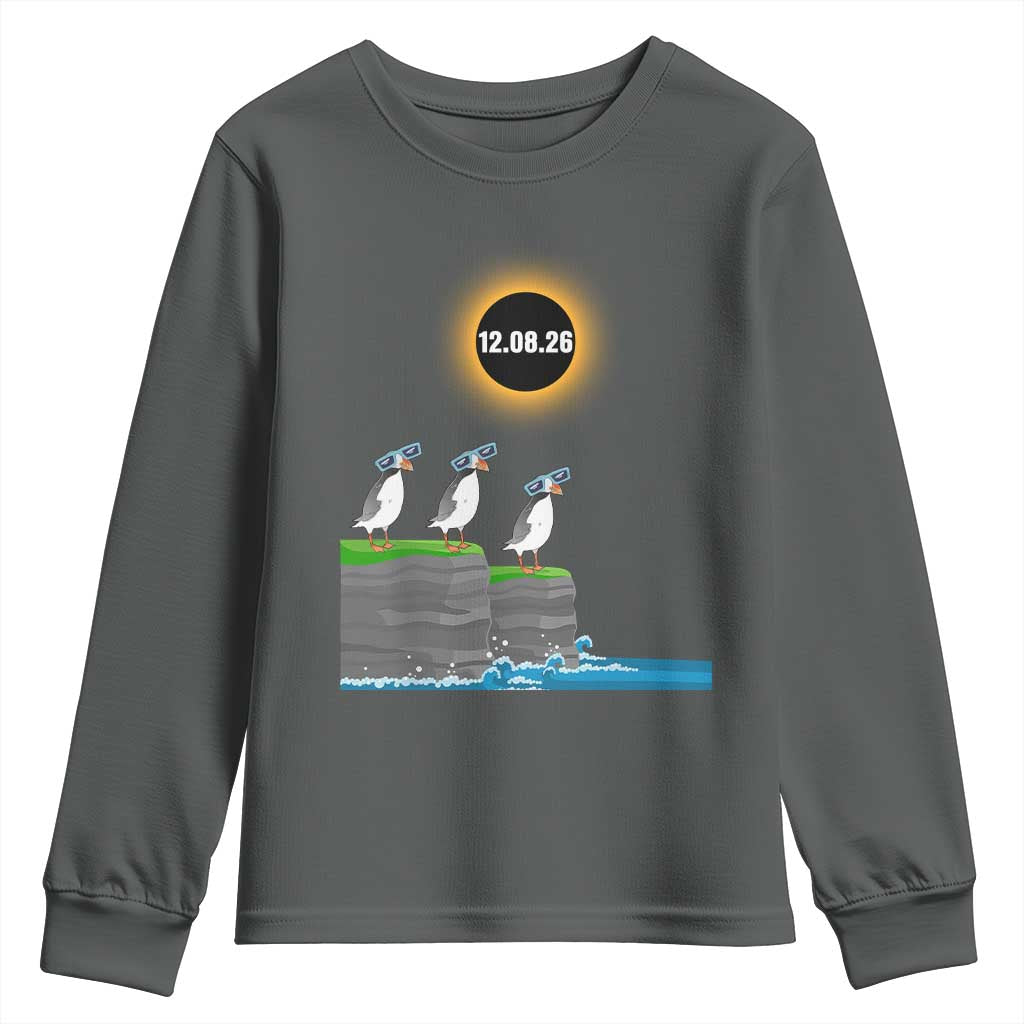 Cute Cartoon Puffins 2026 Total Solar Eclipse Youth Sweatshirt August 12 Totality Funny Astronomy Gift TS02 Dark Heather Print Your Wear