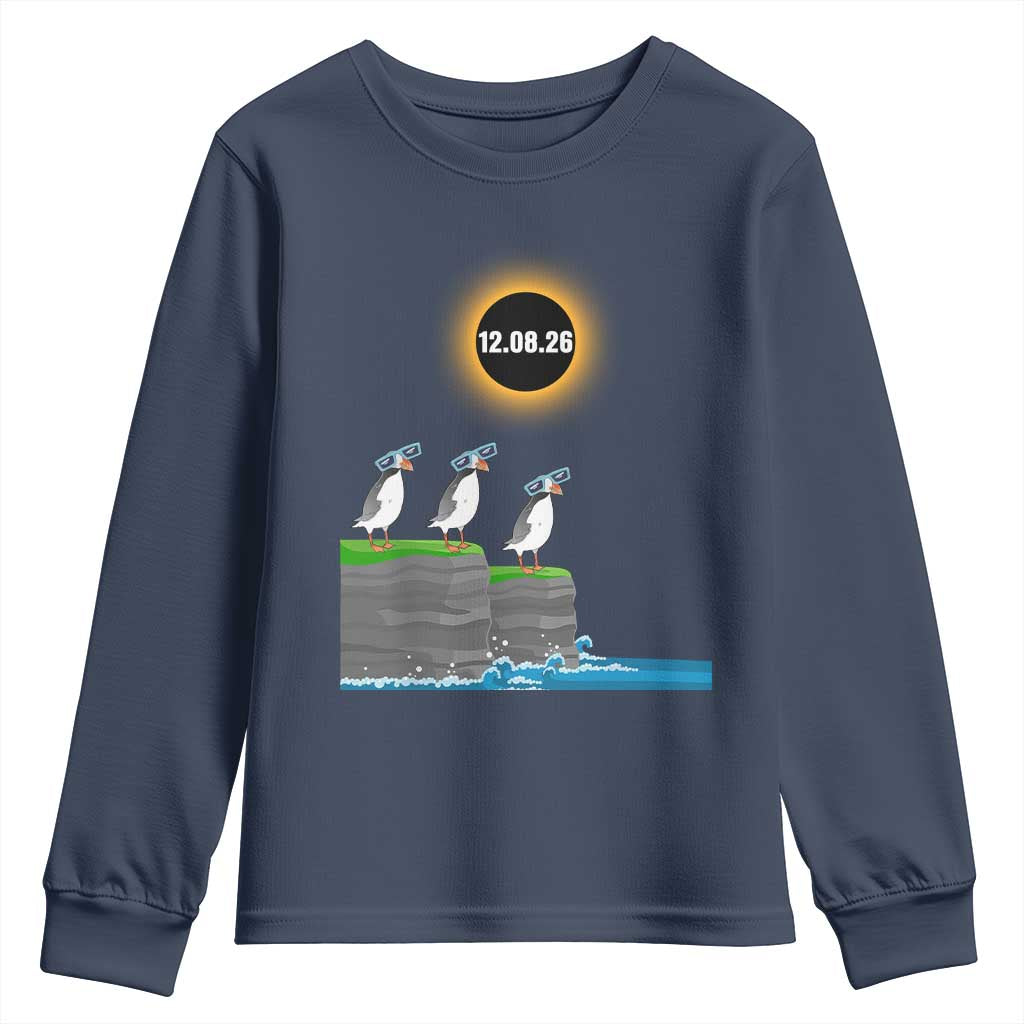 Cute Cartoon Puffins 2026 Total Solar Eclipse Youth Sweatshirt August 12 Totality Funny Astronomy Gift TS02 Navy Print Your Wear