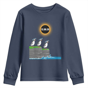 Cute Cartoon Puffins 2026 Total Solar Eclipse Youth Sweatshirt August 12 Totality Funny Astronomy Gift TS02 Navy Print Your Wear