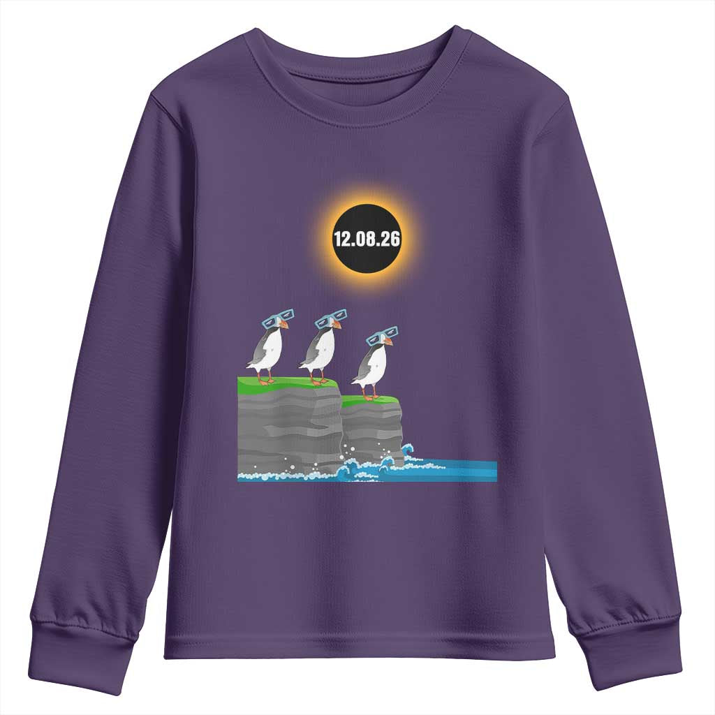 Cute Cartoon Puffins 2026 Total Solar Eclipse Youth Sweatshirt August 12 Totality Funny Astronomy Gift TS02 Purple Print Your Wear
