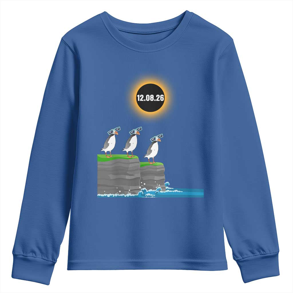 Cute Cartoon Puffins 2026 Total Solar Eclipse Youth Sweatshirt August 12 Totality Funny Astronomy Gift TS02 Royal Blue Print Your Wear