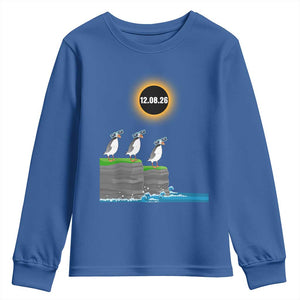 Cute Cartoon Puffins 2026 Total Solar Eclipse Youth Sweatshirt August 12 Totality Funny Astronomy Gift TS02 Royal Blue Print Your Wear