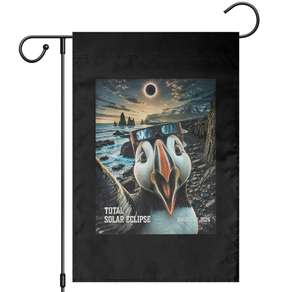 Puffin Selfie August 12 2026 Total Solar Eclipse Garden Flag Funny Totality Photographic Astronomy Souvenir TS02 Black Print Your Wear