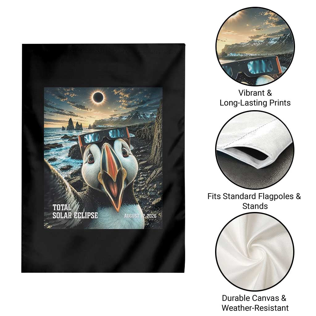 Puffin Selfie August 12 2026 Total Solar Eclipse Garden Flag Funny Totality Photographic Astronomy Souvenir TS02 Print Your Wear