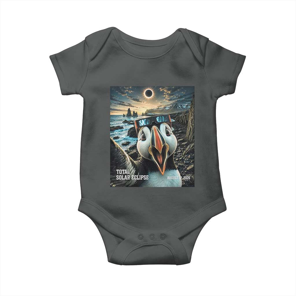 Puffin Selfie August 12 2026 Total Solar Eclipse Baby Onesie Funny Totality Photographic Astronomy Souvenir TS02 Dark Heather Print Your Wear
