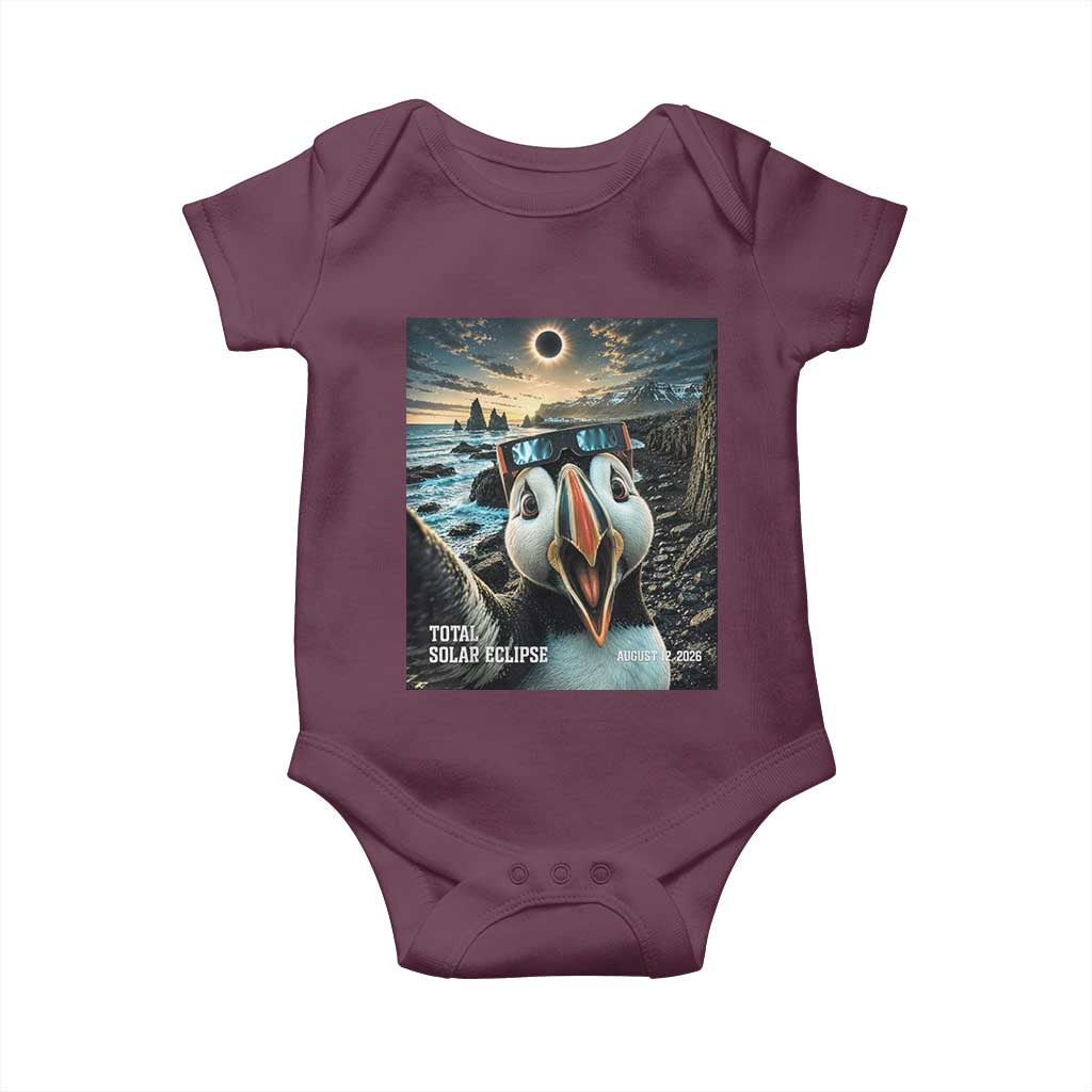 Puffin Selfie August 12 2026 Total Solar Eclipse Baby Onesie Funny Totality Photographic Astronomy Souvenir TS02 Maroon Print Your Wear