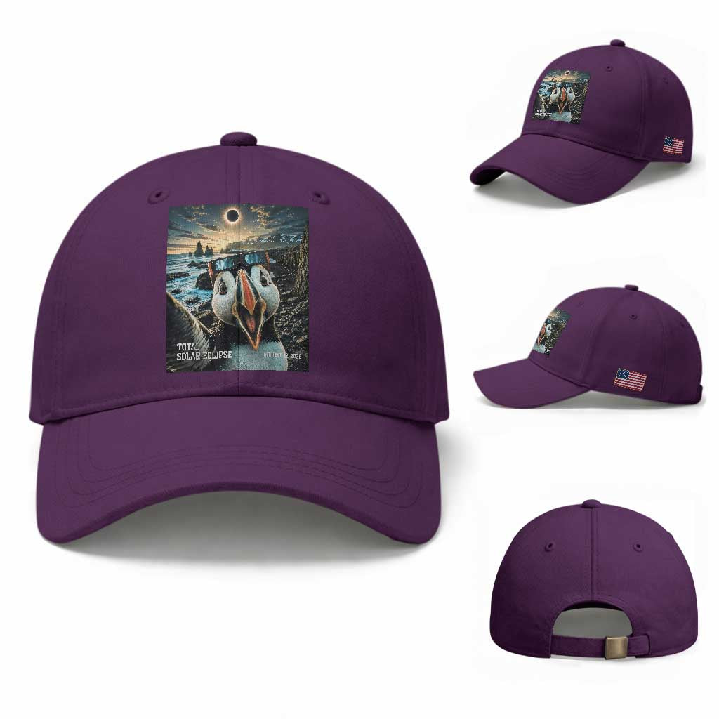 Puffin Selfie August 12 2026 Total Solar Eclipse Baseball Cap Funny Totality Photographic Astronomy Souvenir TS02 Baseball Cap Universal Fit Purple Print Your Wear
