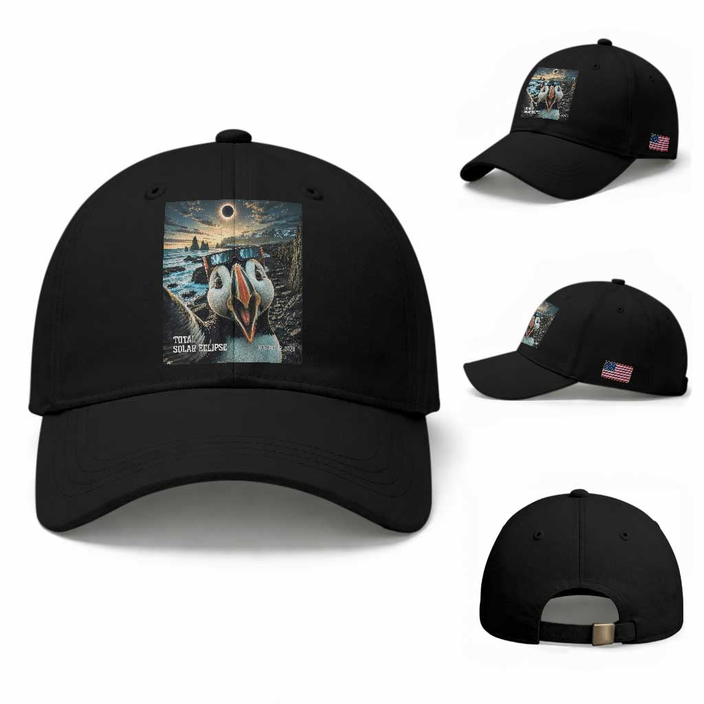 Puffin Selfie August 12 2026 Total Solar Eclipse Baseball Cap Funny Totality Photographic Astronomy Souvenir TS02 Baseball Cap Universal Fit Black Print Your Wear
