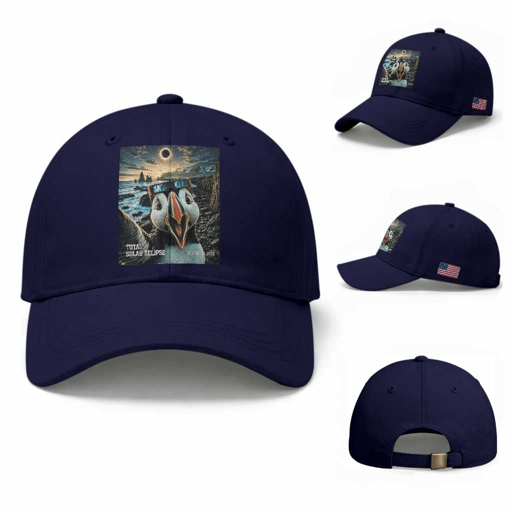 Puffin Selfie August 12 2026 Total Solar Eclipse Baseball Cap Funny Totality Photographic Astronomy Souvenir TS02 Baseball Cap Universal Fit Dark Blue Print Your Wear
