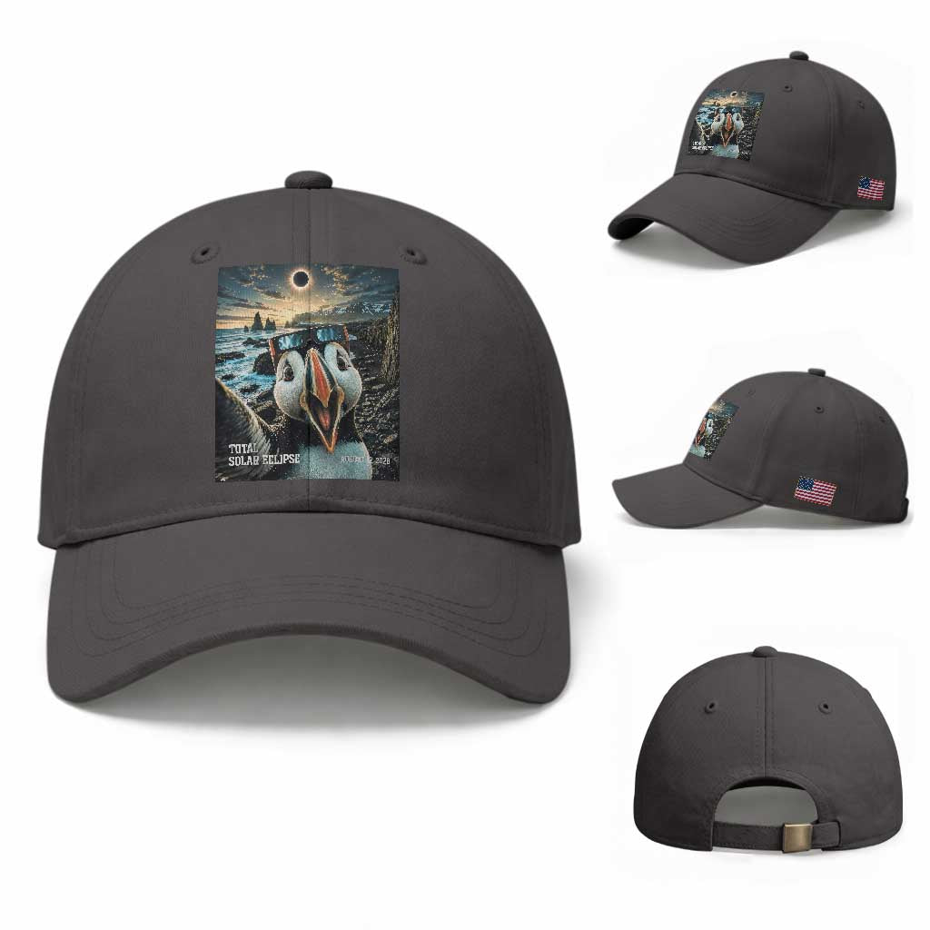 Puffin Selfie August 12 2026 Total Solar Eclipse Baseball Cap Funny Totality Photographic Astronomy Souvenir TS02 Baseball Cap Universal Fit Dark Gray Print Your Wear