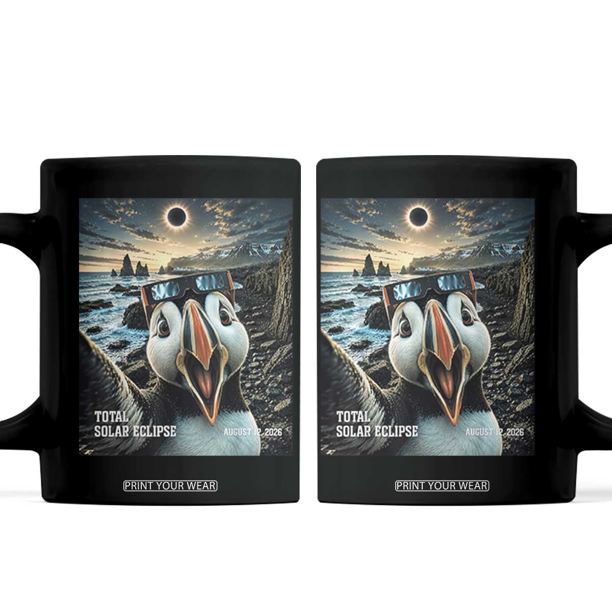 Puffin Selfie August 12 2026 Total Solar Eclipse Coffee Mug Funny Totality Photographic Astronomy Souvenir TS02 Black Print Your Wear
