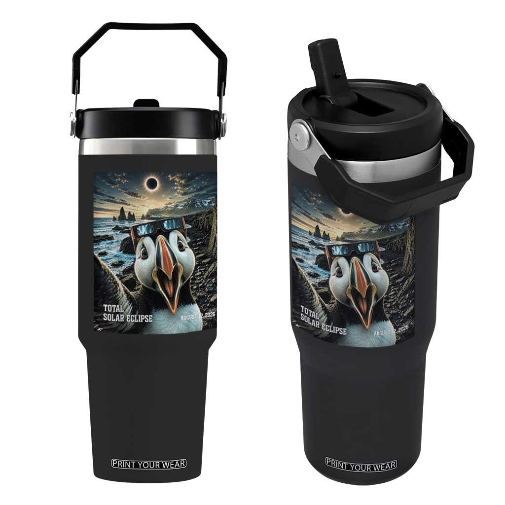Puffin Selfie August 12 2026 Total Solar Eclipse Flip Straw Tumbler Funny Totality Photographic Astronomy Souvenir TS02 One Size: 30 oz Black Print Your Wear